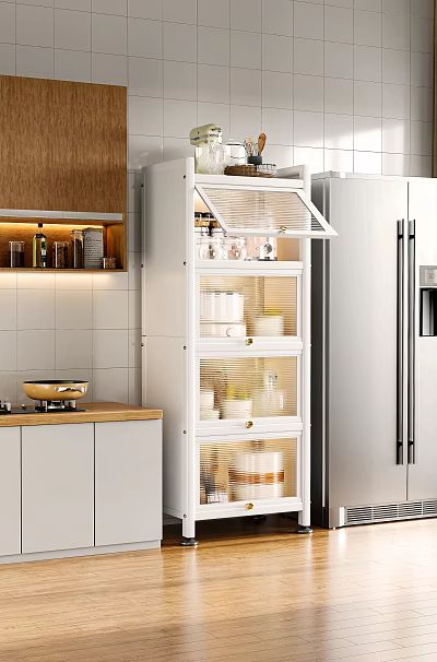 Modern Kitchen Cookware Storage With White Cabinets And Glass Door Shelves 3d model