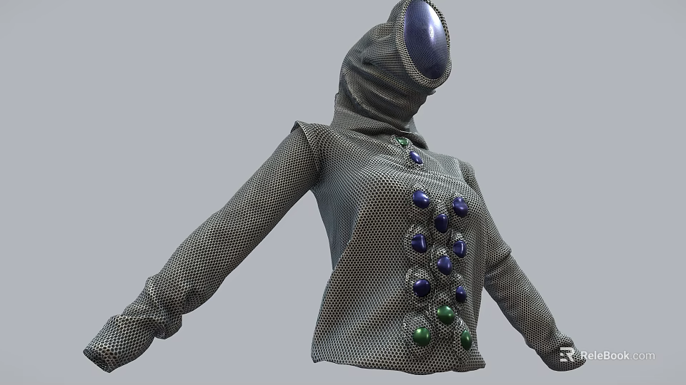 Futuristic Hooded Mesh Top Featuring Blue And Green Gemstone Embellishments 3d model 