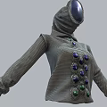 Futuristic Hooded Mesh Top Featuring Blue And Green Gemstone Embellishments