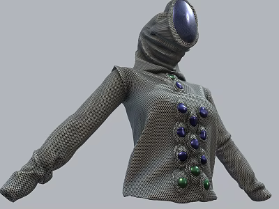 Futuristic Hooded Mesh Top Featuring Blue And Green Gemstone Embellishments 3d model