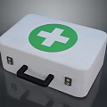 White Emergency First Aid Kit Featuring Green Cross Symbol Black Handle And Small Side Buttons
