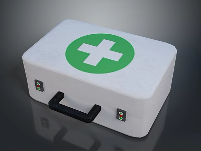 White Emergency First Aid Kit Featuring Green Cross Symbol Black Handle And Small Side Buttons 3d model