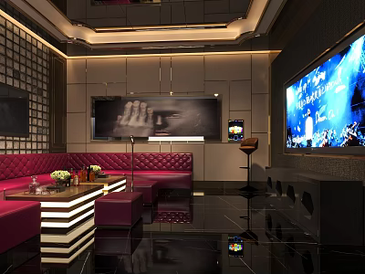 Modern KTV Room Interior With Red Sofa Large TV Screen Microphone And Ambient Lighting 3d model