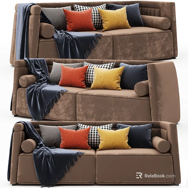 Brown Velvet Two Seater Sofa With Colorful Pillows And Dark Blue Blanket 3d model 