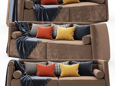 Brown Velvet Two Seater Sofa With Colorful Pillows And Dark Blue Blanket 3d model