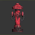 Red Fire Hydrant Stand With Metal Chains And Base Details