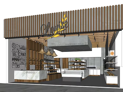 Wooden Facade Dessert Shop Interior With Cake Display Shelves And Pendant Lights 3d model