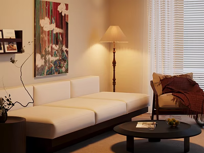 Cozy Living Room Featuring White Sofa Black Coffee Table Set With Floor Lamp And Artwork 3d model