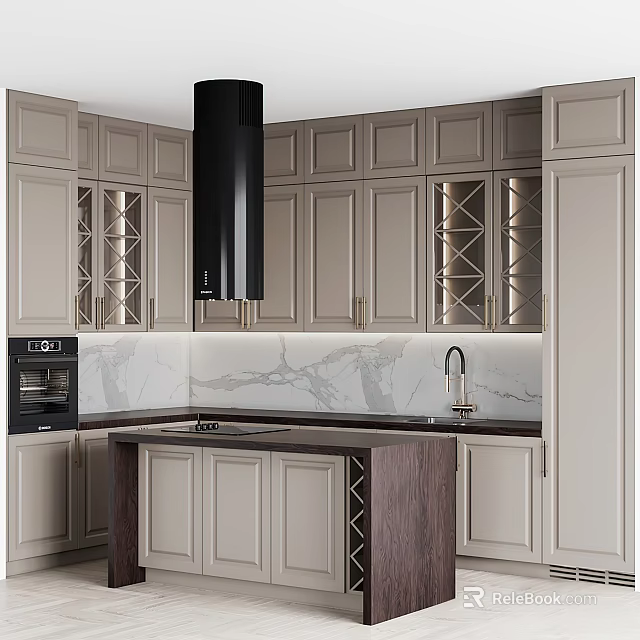 Modern Kitchen Light Gray Cabinets With Marble Countertop And Black Range Hood 3d model 