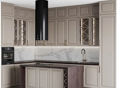 Modern Kitchen Light Gray Cabinets With Marble Countertop And Black Range Hood 3d model