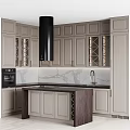 Modern Kitchen Light Gray Cabinets With Marble Countertop And Black Range Hood