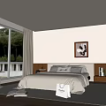 Modern Bedroom Interior With Large Windows Green View Beige Curtains Wooden Headboard And Striped Bedding
