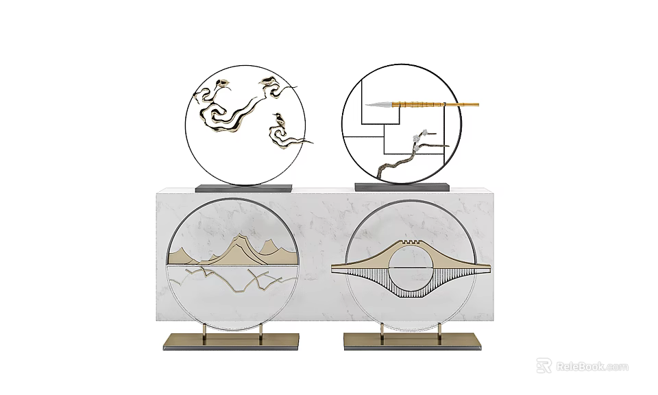 Modern Ornamental Decor Set With Circular Design Landscape Bridge Patterns And Marble Base 3d model