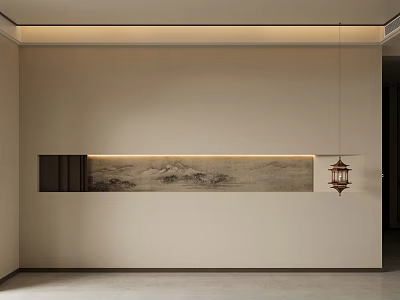 Modern Chinese Background Wall With Beige Surface LED Strip Light Decorative Painting And Hanging Lantern 3d model