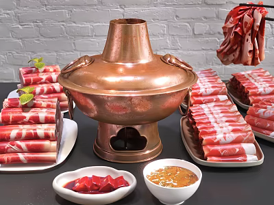 Hot Pot Tableware Set with Copper Pot Sliced Meat Platters Sauce Bowls and Red Dishes 3d model