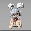 Anime Character With Light Blue Hair Pigtails Clouds Red Eyes Holding Chocolate Donut Dripping Sauce