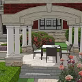 Elegant Red Brick Detached Villa With Porch Fountain And Pink Blossom Tree