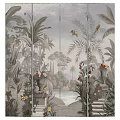 Elegant Room Divider With Tropical Plants Birds Water Scene And Steps