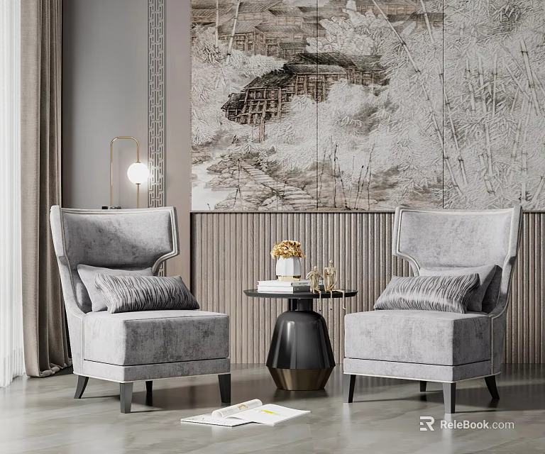 Leisure Sofa Set Featuring Gray Armchairs Round Side Table And Decorative Items 3d model