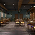 Spacious Restaurant Interior With Wooden Floor Hanging Lights Blue Walls Tables Chairs And Green Plants