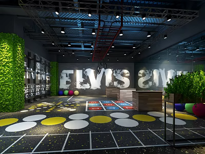 Modern Sports Fitness Gym With Colorful Circular Floor And Green Plant Walls 3d model