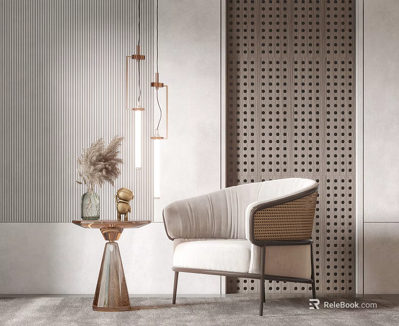 Elegant Single Sofa With Side Table Vase Decorations Textured Walls And Pendant Lights 3d model