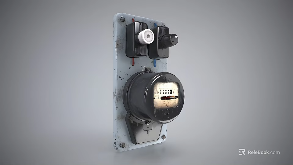 Industrial Equipment Vintage Analog Meter Mounted on Metal Plate With Control Knob and Dial 3d model 