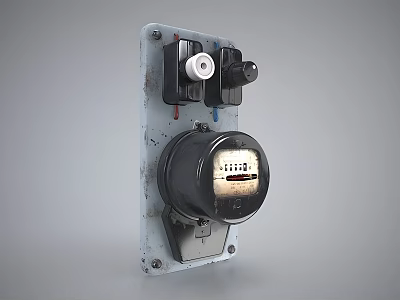 Industrial Equipment Vintage Analog Meter Mounted on Metal Plate With Control Knob and Dial 3d model