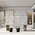 Modern Tea Room Interior Design With Wooden Shelves Tea Sets Green Plants And Tables