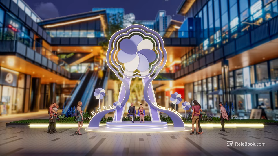 Eye Catching Flower Shaped Photo Spot In Urban Mall Courtyard With Illuminated Decor And Visitors 3d model 