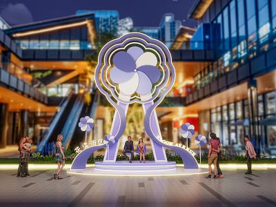 Eye Catching Flower Shaped Photo Spot In Urban Mall Courtyard With Illuminated Decor And Visitors 3d model