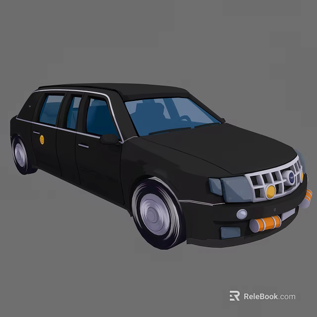 Black Luxury Limousine With Long Body Blue Windows Silver Wheels And Orange Front Stripes 3d model 