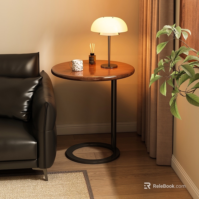 Round Wooden Top Side Table With Black Metal Base Next To Leather Sofa And Lamp 3d model 