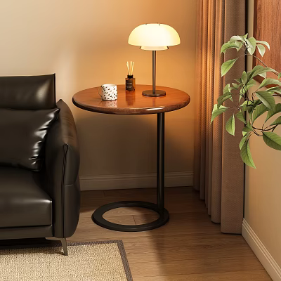 Round Wooden Top Side Table With Black Metal Base Next To Leather Sofa And Lamp 3d model