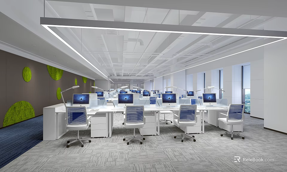 Modern Office Interior With Open Workspace White Desks Computers Green Accent Wall And Large Windows 3d model