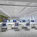 Modern Office Interior With Open Workspace White Desks Computers Green Accent Wall And Large Windows 3d model