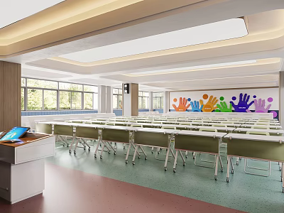 School Classroom With Bright Lighting Rows Of Desks And Colorful Handprints 3d model