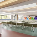 School Classroom With Bright Lighting Rows Of Desks And Colorful Handprints