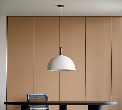 Contemporary White Pendant Light Hanging Above Chair Against Brown Paneled Wall 3d model
