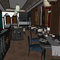 Classic Restaurant Interior With Wooden Decor Hanging Lanterns And Dining Tables