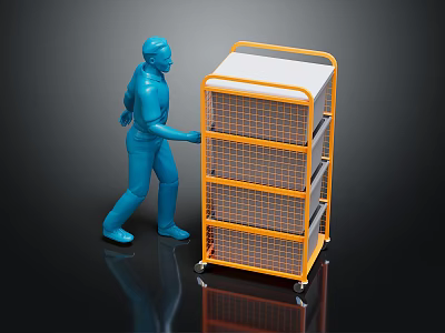 Blue Human Figure Pushing Orange Multi Layer Grid Cart With Wheels 3d model