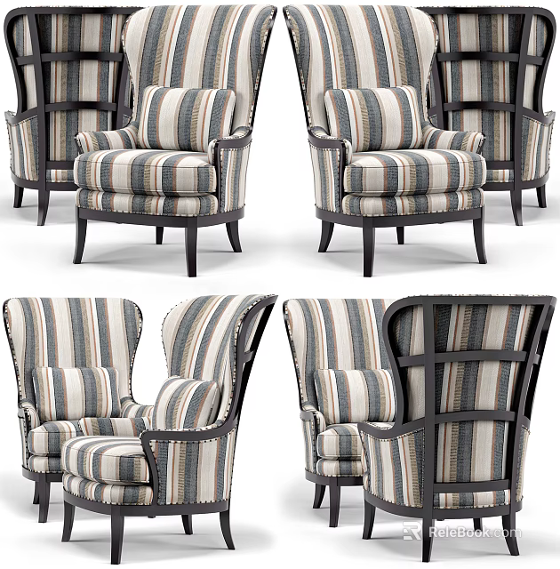 Striped Single Sofas With Dark Wooden Legs And Comfortable Armrests 3d model