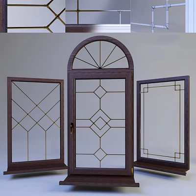 Wooden Casement Windows With Geometric Glass Patterns And Arched Top Design 3d model