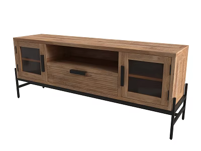 Rustic Wooden TV Stand Cabinet With Glass Door Panels And Metal Legs 3d model