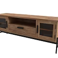 Rustic Wooden TV Stand Cabinet With Glass Door Panels And Metal Legs