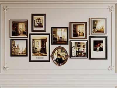 Multiple Framed Abstract Paintings With Various Scenes And Circular Mirror On White Decorative Wall 3d model