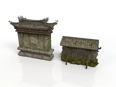 Traditional Chinese Architecture Models With Moss Covered Roofs Carved Stone Bases And Decorative Details 3d model