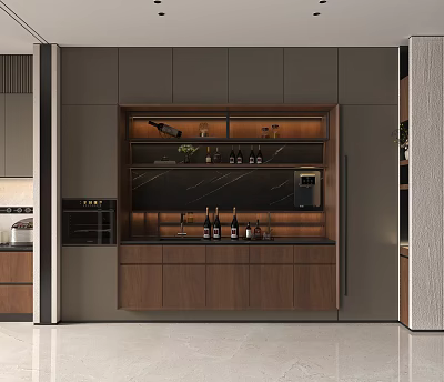 Sleek Modern Wooden Wine Cabinet With LED Lighting Wine Bottles And Wine Glasses 3d model