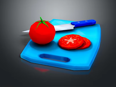Fresh Whole Tomato And Sliced Pieces On Blue Cutting Board With Knife 3d model