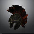 Ancient Roman Helmet Weapon With Red Feather Plume Metallic Build And Golden Engravings